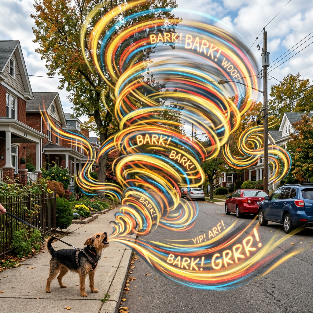 Small dog barking on sidewalk with colorful swirling sound waves showing barking and growling sounds