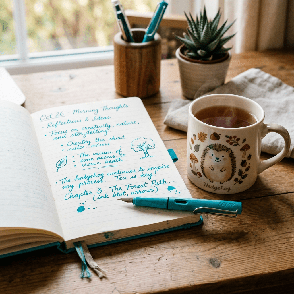 Open journal with handwritten notes, turquoise fountain pen, and steaming hedgehog mug on wooden table